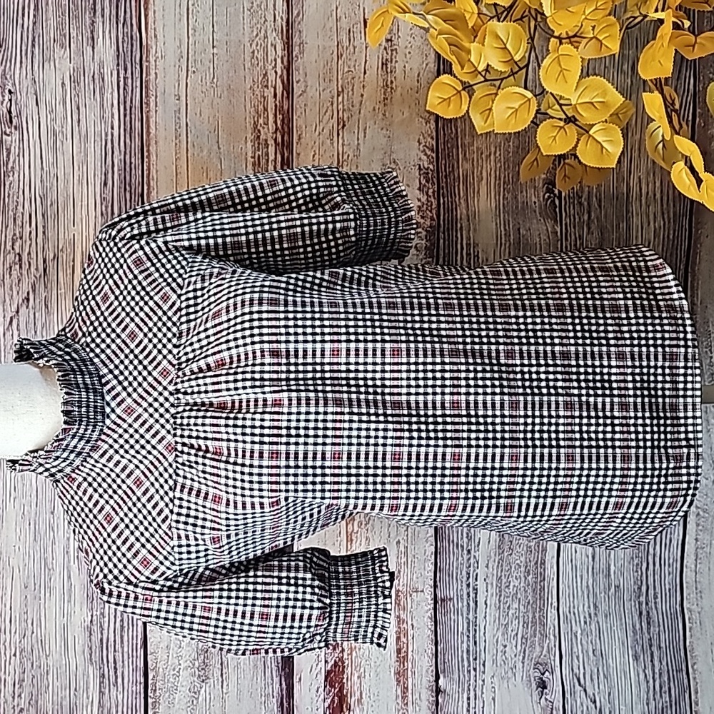 LOFT Black White and Red Plaid Ruffled Mock Neck Tunic